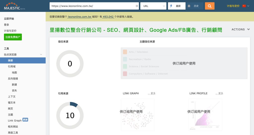 Majestic競爭對手分析功能主要集中在對競爭對手的外鏈數據進行深入分析